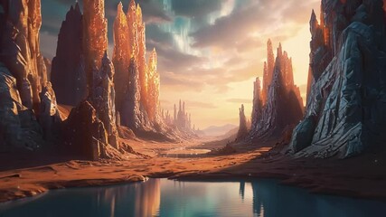 Surreal Desert with Colossal Crystal Structures - Intro Scene Fantasy Landscape Immersive Appeal Background - Powered by Adobe