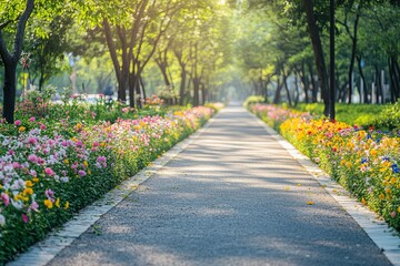 A clean bicycle path lined with freshly blooming flowers and soft sunlight. picture