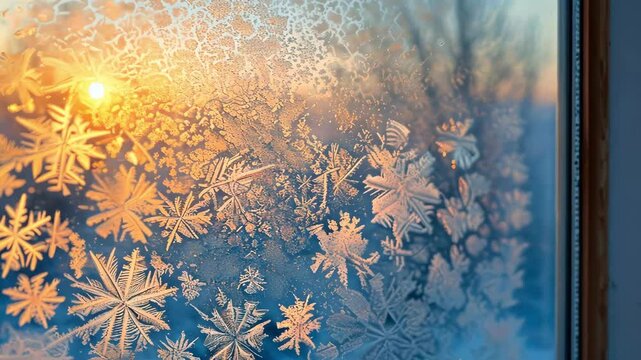 Frosted window displaying intricate snowflake patterns at sunrise