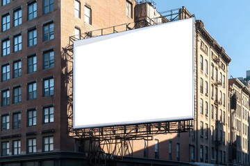 Blank billboard, city buildings, sunny day, advertising mockup