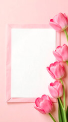 Paper sheet with envelope and tulips on pink background. Greeting or invitation card with empty place for text. Blank of gift certificate for mothers day. The International Womens day voucher mockup