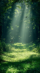 Fototapeta premium Sunlight Beams Through Lush Forest Path
