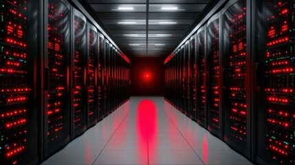 Fototapeta premium security risk cybersecurity A server room with red flashing warnings on screens, representing cybersecurity threats in a high tech environment.