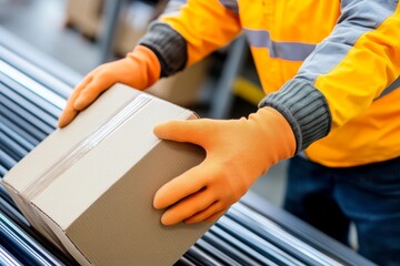 Naklejka premium Close-Up of Worker in Orange Gloves Taking Cardboard Box from Conveyor Belt