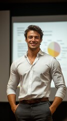 Fototapeta premium Young man, he delivers his presentation to colleagues on stage in an office space