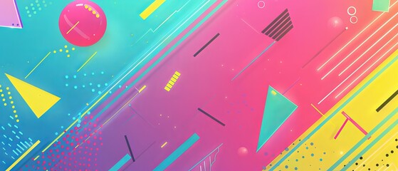 Vibrant retro 80s and 90s inspired abstract background banner featuring a bold noisy gradient, neon hues, and playful Memphis-style shapes