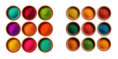 Colorful bowls filled with vibrant powders arranged in a grid pattern, showcasing a variety of hues.