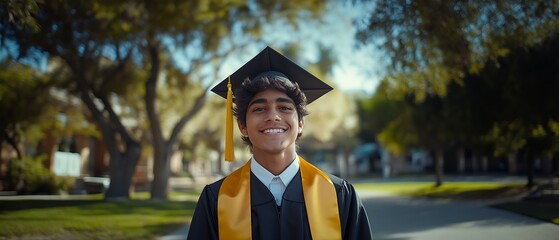 An Indian student stands outside a college campus during the day while donning a hat and graduation gown.