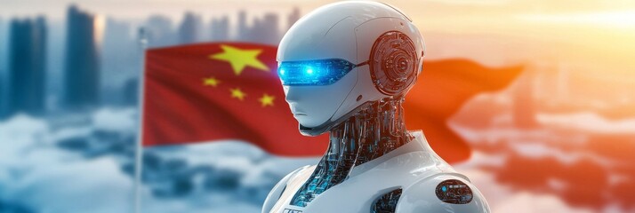 Futuristic Robot with Chinese Flag and Cityscape