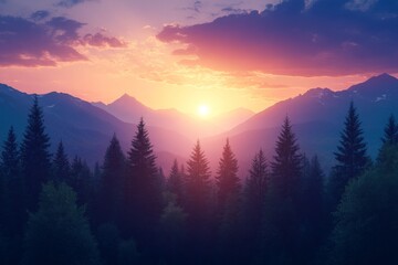 Majestic sunset over mountain range, coniferous forest