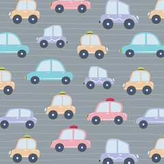 a seamless, trend pattern of cars. Transport background for children. A template with doodles of toy cars, road signs. for print, paper, banner. art vector illustration.