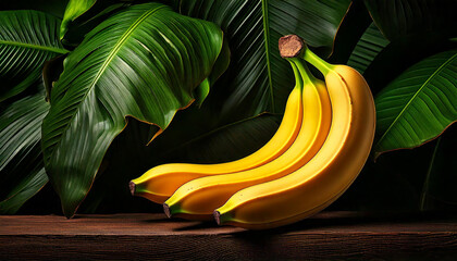 fresh banana the table with dark leaves background Generated Image