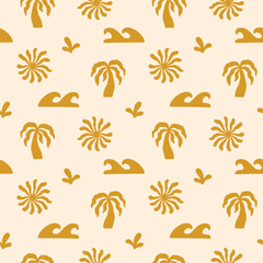 Boho Organic Summer Pattern. Abstract Beach Hand Drawn Background. Boho Sun And Palm Print. Vector Illustration Cutout Naive Style. Ocean Coral Sun Seamless Pattern for Textile. Modern Groovy Bg.