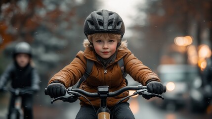 Obraz premium Young cyclist riding on a rainy street during a winter afternoon