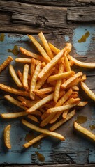 Fototapeta premium Crispy golden French fries on rustic wood surface with oil splashes