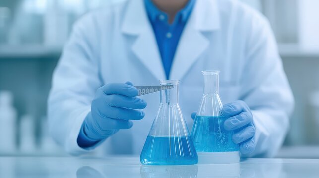 A scientist in a lab coat conducts an experiment with blue liquid in laboratory beakers, highlighting research and innovation.