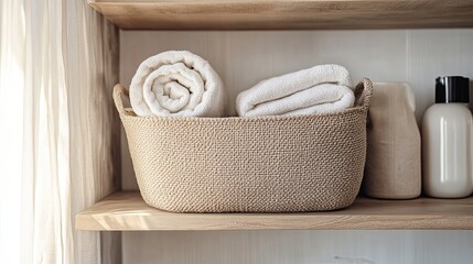 Neutral-toned fabric storage basket resting on a clean wooden shelf