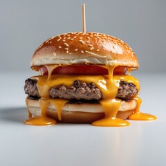 Juicy hamburger with melted cheddar cheese and fresh tomato on sesame bun.