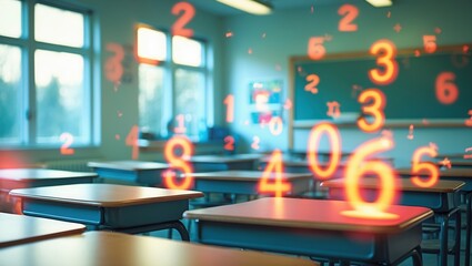 Modern classroom interior with floating numbers and empty desks - abstract background