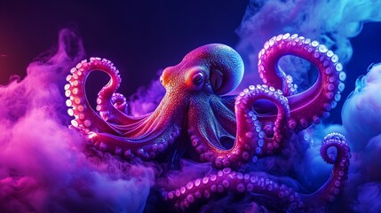 Fototapeta premium Vibrant octopus in neon smoke.