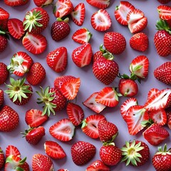 Vibrant strawberries on gray surface showcasing fresh textures and colors.. seamless pattern