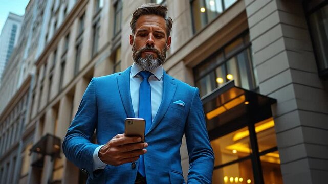 Urban Professional: A sophisticated, formally dressed gentleman, immersed in his smartphone against a backdrop of a bustling city street and grand architecture.