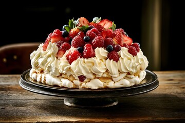 Top-down view of pavlova with golden meringue, whipped cream, and fresh berries