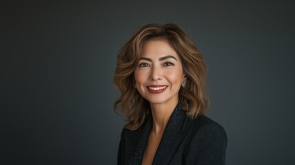 Fototapeta premium Smiling Latina businesswoman in a suit, CEO, and business leader against a grey backdrop