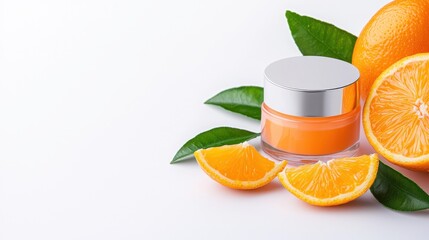 Bright orange slices beside a jar of refreshing citrus cream on a clean background.
