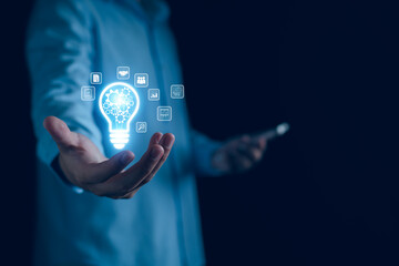 Business solution idea concept, Businessman  creative light bulbs with marketing network, planning...