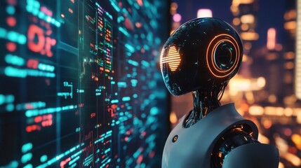 Futuristic Robot Analyzing Data on Large Digital Screen at Night