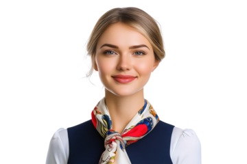 Elegant female flight attendant with stylish uniform and scarf smiling confidently isolated on white or transparent, PNG
