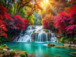 Naklejka premium Picturesque Deep Forest Waterfall in Kanchanaburi