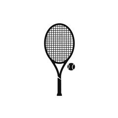 Black and White Tennis Racket and Ball Vector Graphic Isolated on White