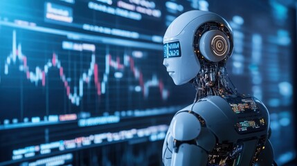 Advanced AI Robot Analyzing Stock Market Data on a Screen