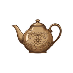 Elegant Brown Teapot with Decorative Floral Patterns on White Background