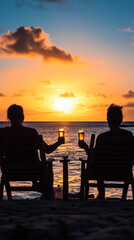 Friends enjoy sunset cocktails on beach deckchairs overlooking the ocean