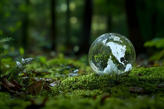 Glass globe, forest, moss, ecology, sustainability, environmental