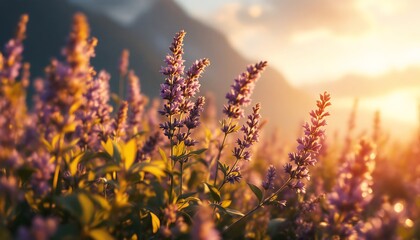 Obraz premium Lavender Field Blooming at Sunset with Mountain Backdrop Serene Landscape