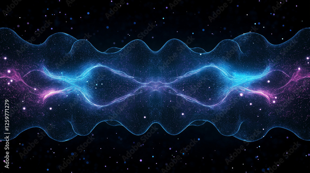 Poster cosmic dance: abstract image of swirling nebulae in shades of blue and pink, creating a symmetrical 