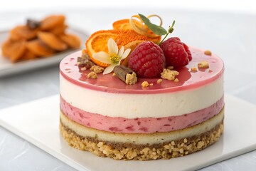 Exquisite Multi-Layered Pastry with Raspberry, Praline, and White Chocolate Mousse