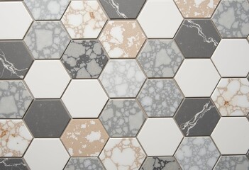 White and Grey Marble Hexagons: Aged Tile Effect with Beige Background, Featuring Varying Shades of Gray, Ideal for Interior Design and Realistic Tile Textures.

