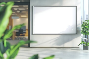 Blank office poster mockup, modern interior, sunlight