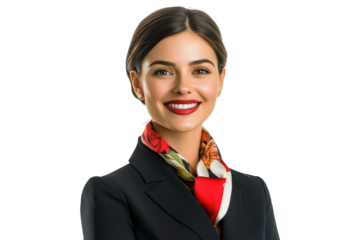 Elegant female flight attendant with stylish uniform and scarf smiling confidently isolated on white or transparent, PNG