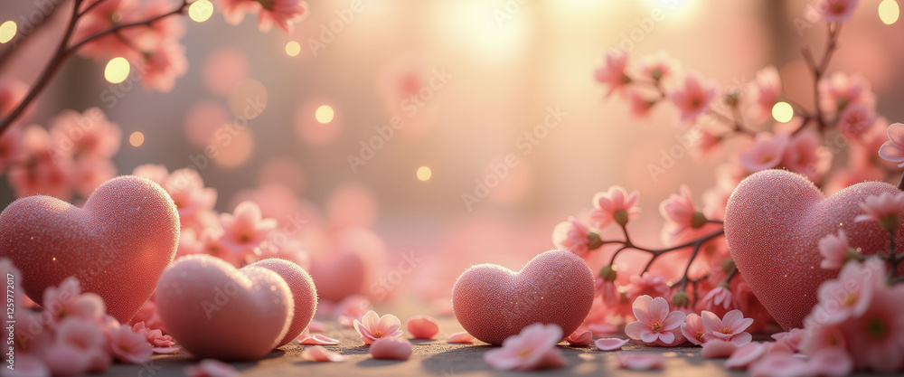 Poster a beautiful pink background with a variety of pink flowers and hearts scattered throughout. the hear
