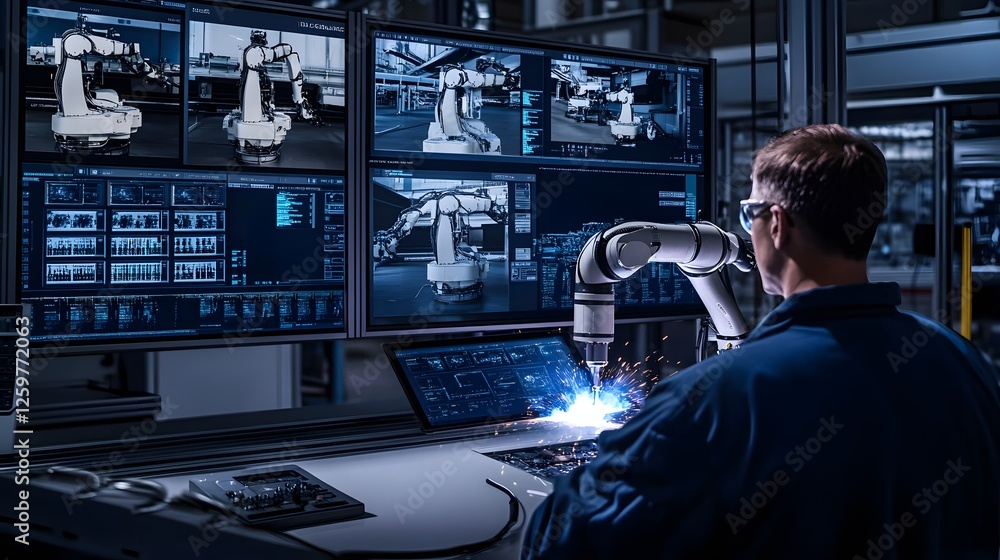 Poster engineer overseeing automated welding process with robotic arms on screens