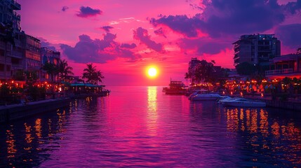 Vibrant sunset over canal, waterfront city