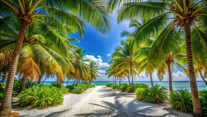 Fototapeta premium Tropical Corridor of Palm Trees to the Beach