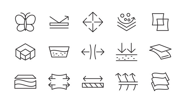Febric Metarial line icon set. Fabric features, materials, fabric business, protection, breathable, lightweight, outline, leather, silk, synthetics, wool line icon set. UI thin line icon pack.