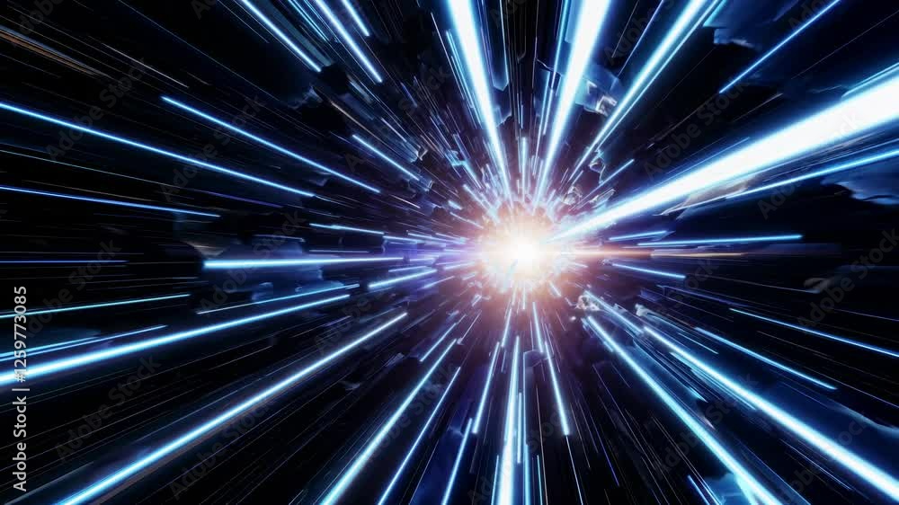 Poster dynamic video concept of a futuristic light speed travel effect. the camera angle is centered, creat